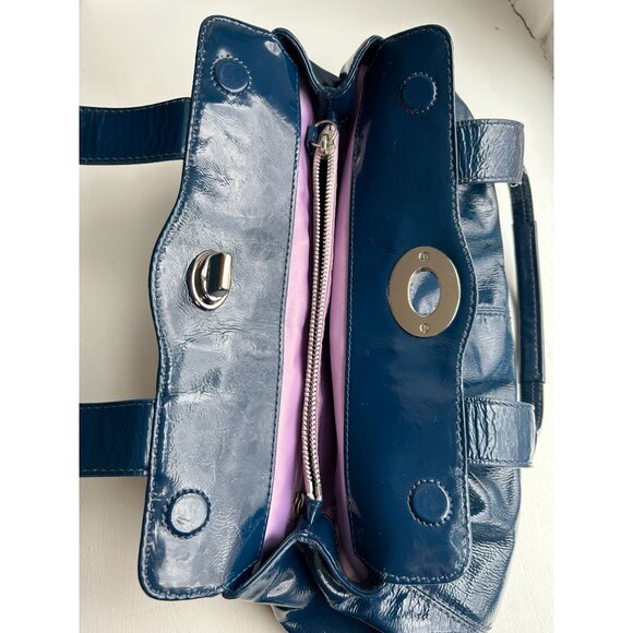 Coach Blue Patent Leather Tote Bag With Silver Turnlock & Keychain Charm - Picture 9 of 16